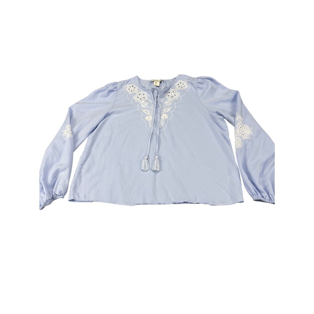 Rachel Zoe Womens Blue Lyocell Eyelet Floral Embroidered Peasant Blouse Large